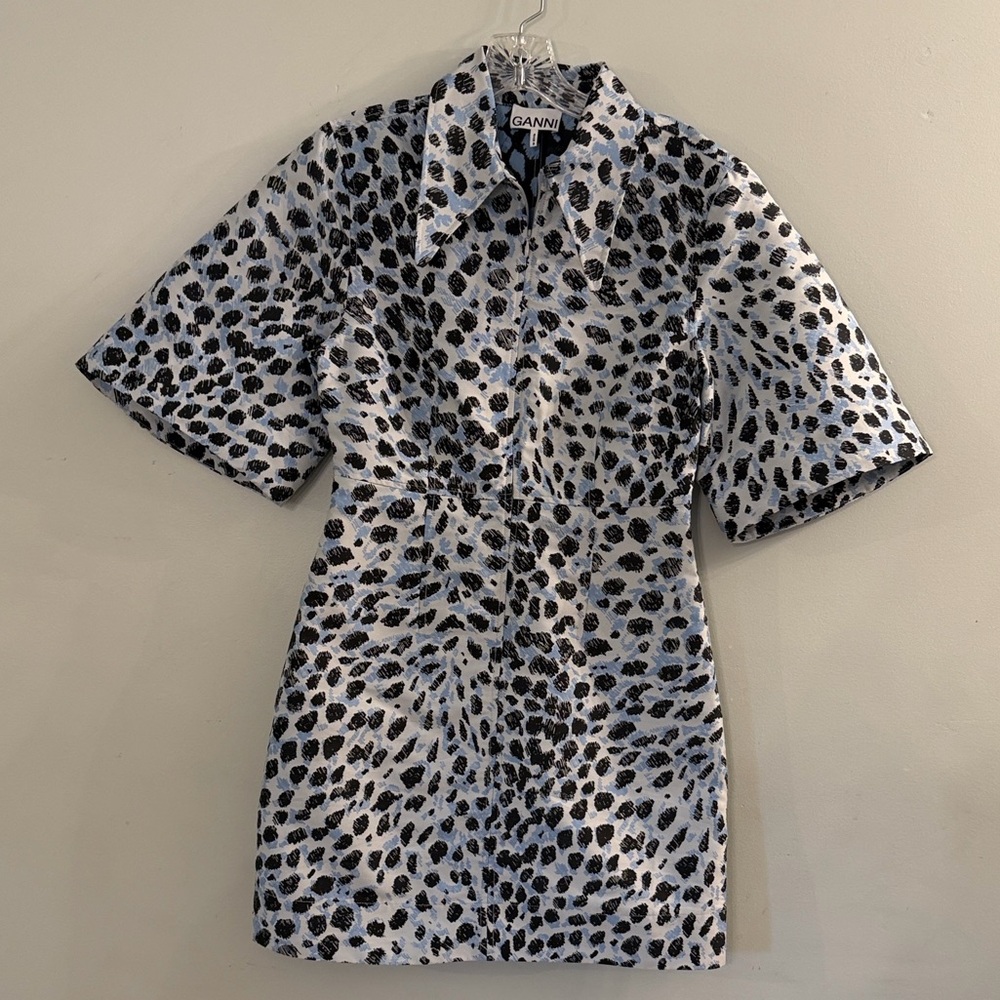 Ganni Mod-Style Short Sleeve Dress, Light Blue with Abstract Leopard Print, Sz36